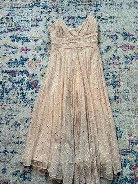 Vintage 90s Betsey Johnson Tulle Silk Pleated Tea Length Midi Dress w/Sequins -M